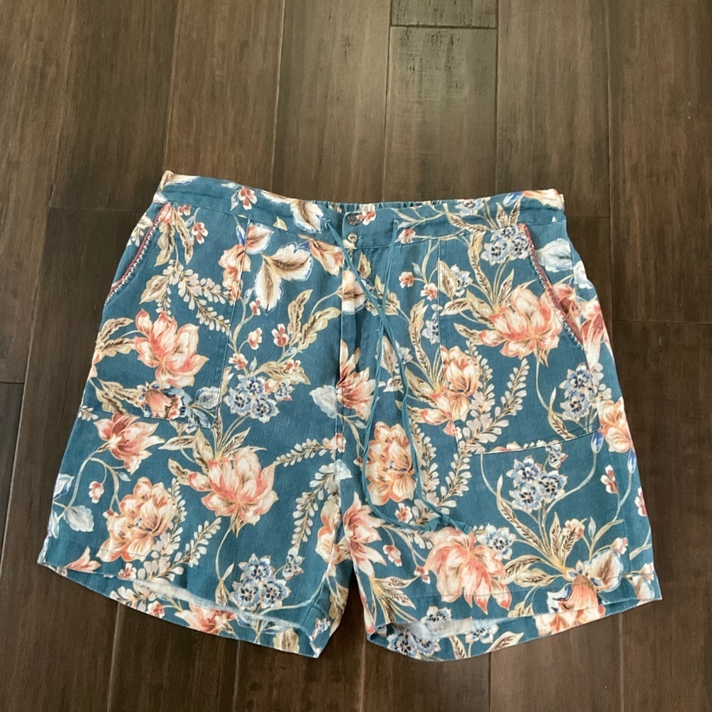 Johnny Was Teal Blue Floral Drawstring Bermuda Shorts